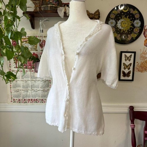 Studio Tops - Vintage 90s STUDIO Women's L White Dainty Button Up Lace Crochet Trim Ethereal